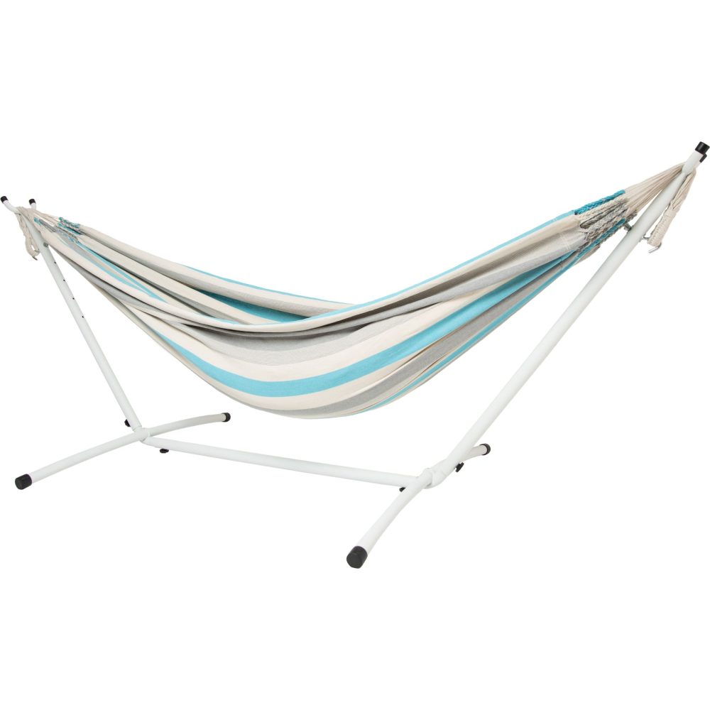 10ft White Universal Steel Hammock Stand & Authentic Double Raya Hammock in Ocean Storm