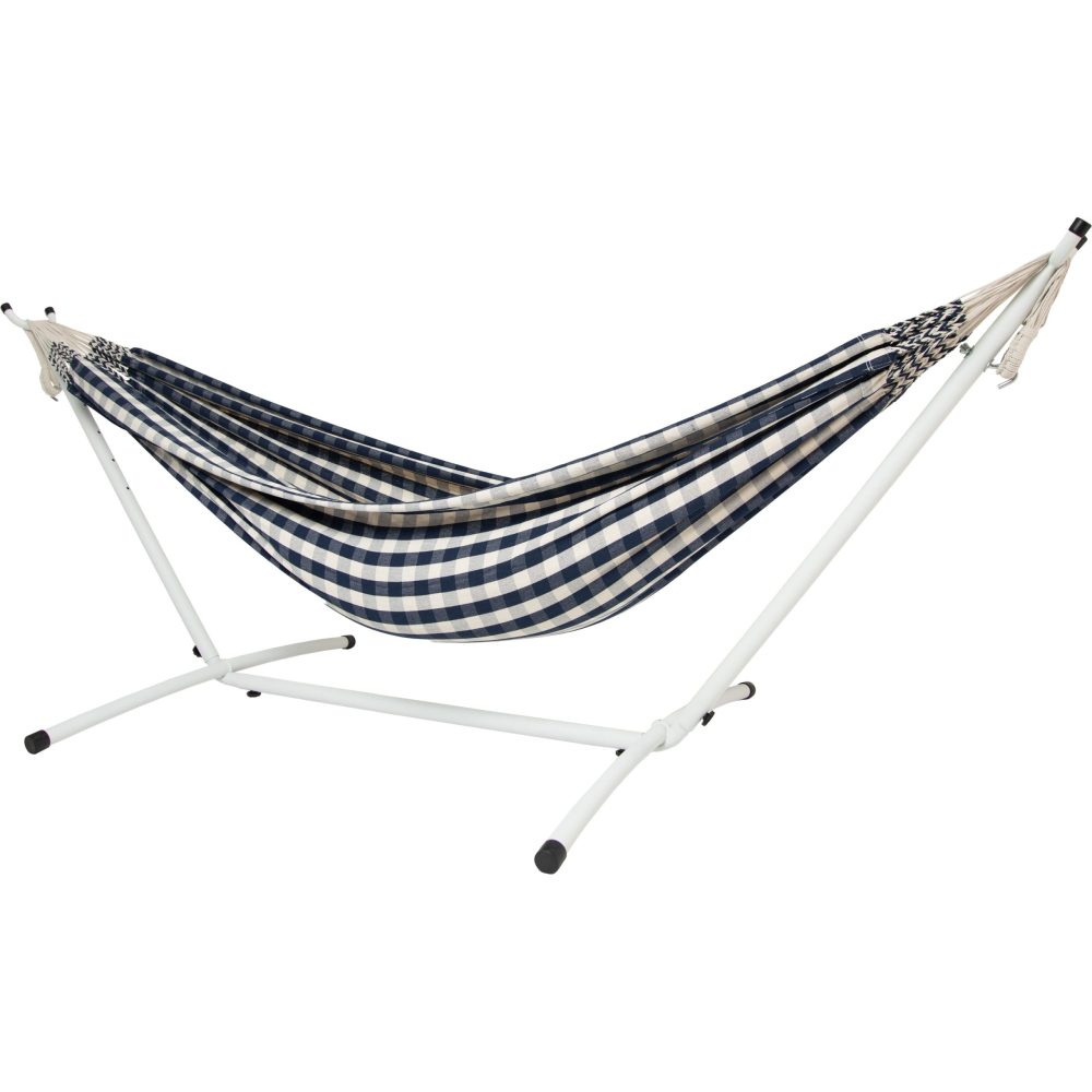 10ft White Universal Steel Hammock Stand & Authentic Double Vichy Hammock in Navy