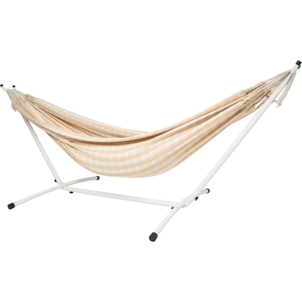 10ft White Universal Steel Hammock Stand & Authentic Double Vichy Hammock in Sand