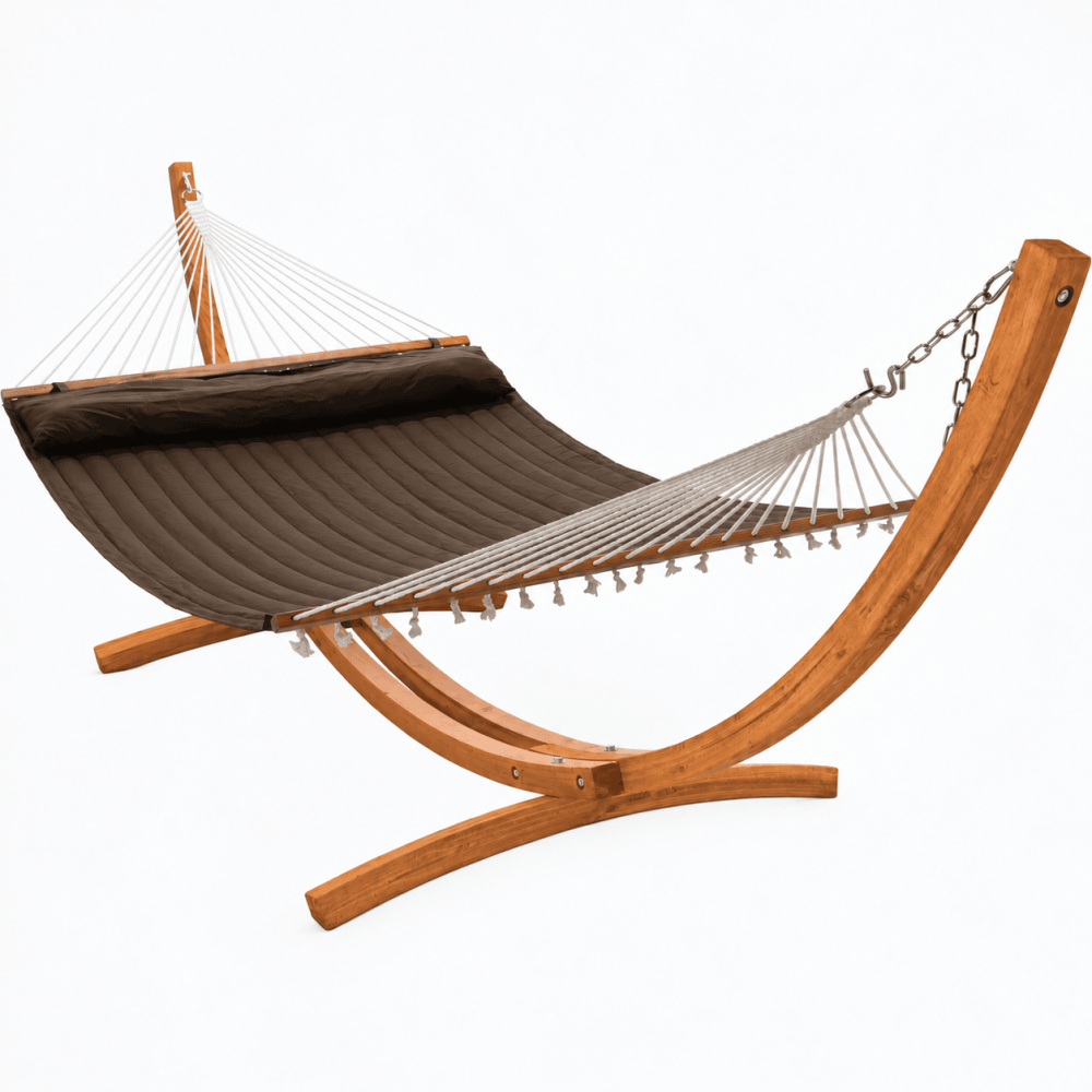 12 foot Wooden Arc Hammock Stand & King Quilted Hammock in Brown