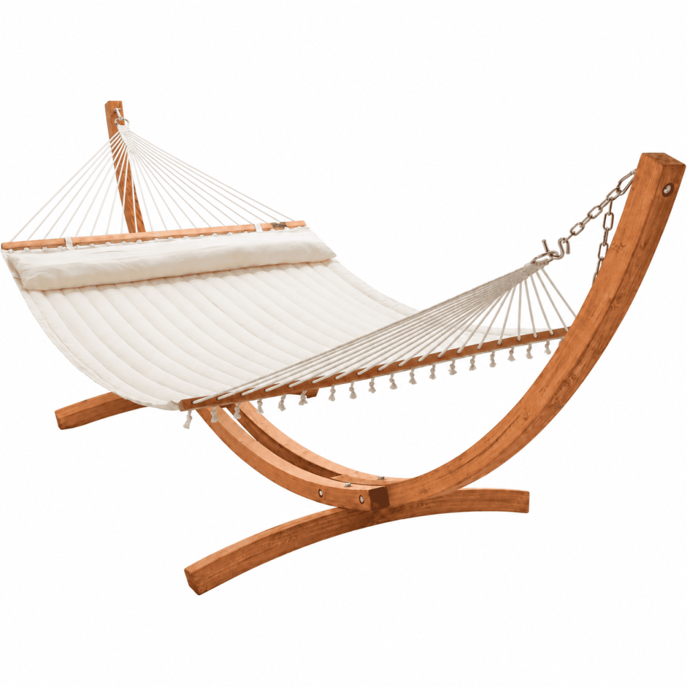 12 foot Wooden Arc Hammock Stand & King Quilted Hammock in Cream