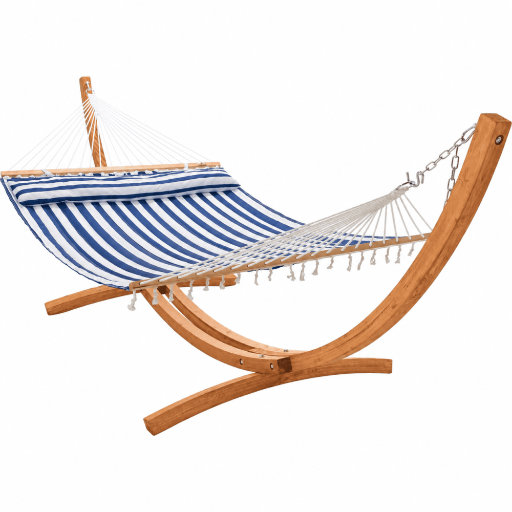 12 foot Wooden Arc Hammock Stand & King Quilted Hammock in Hamptons Stripe