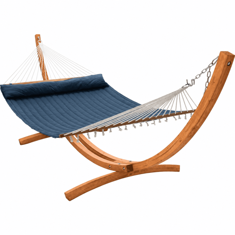 12 foot Wooden Arc Hammock Stand & King Quilted Hammock in Navy Blue