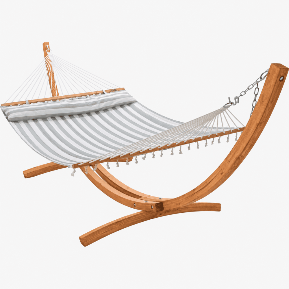 12 foot Wooden Arc Hammock Stand & King Quilted Hammock in Stone Stripe