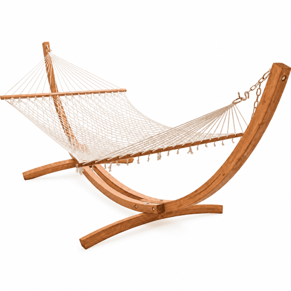 12 foot Wooden Arc Hammock Stand & Resort Polyester Rope Hammock