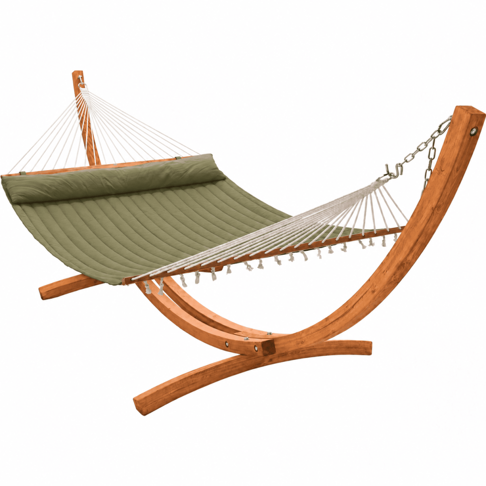 12 foot Wooden Arc Hammock Stand & King Quilted Hammock in Olive